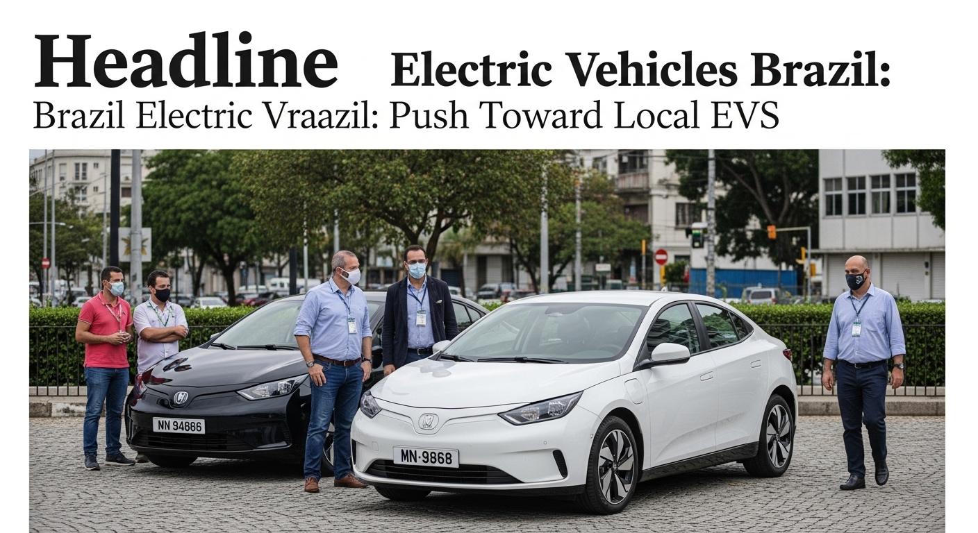 A Brazilian city street with multiple electric vehicles charging at stations and modern infrastructure.