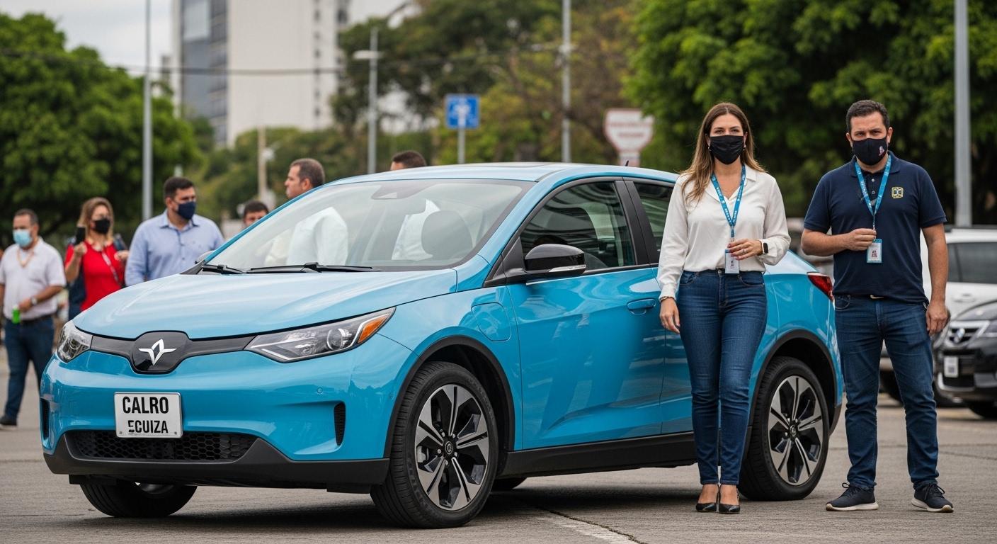 Showroom with electric cars in Brazil and a charging station with market trend overlays.