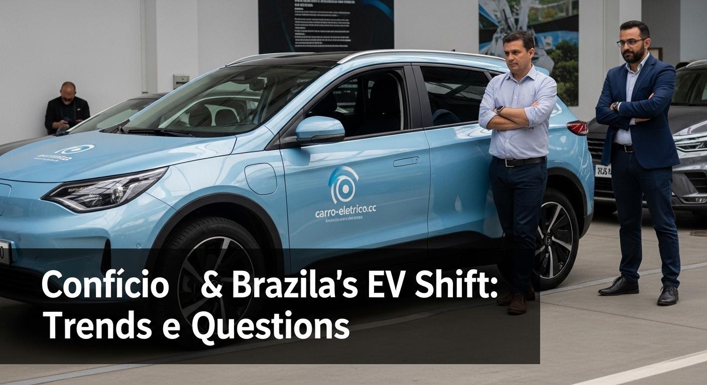 Brazilian street scene with electric vehicles and charging infrastructure at dusk.