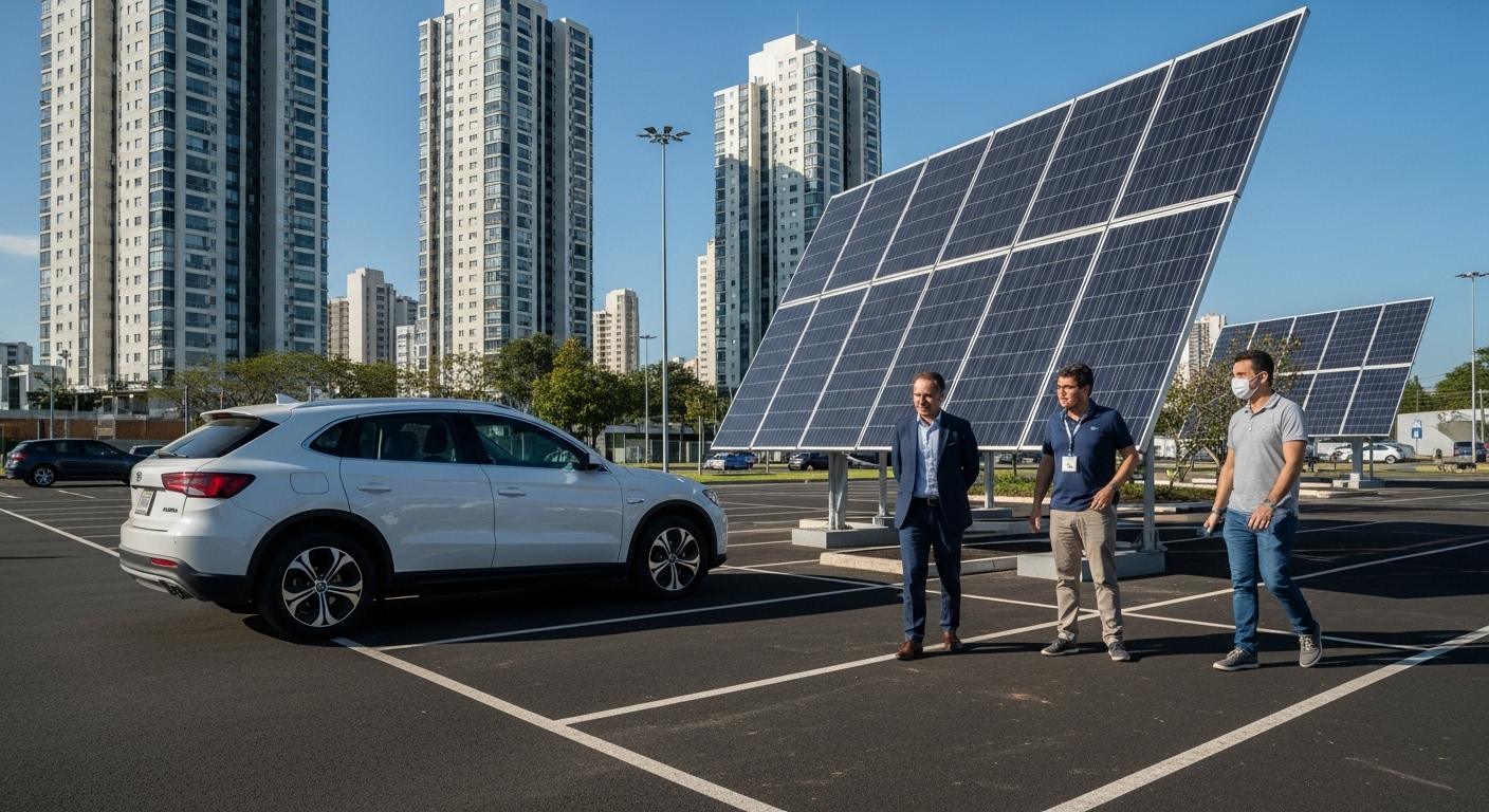 EV charging station with solar panels during a solar eclipse over a Brazilian city