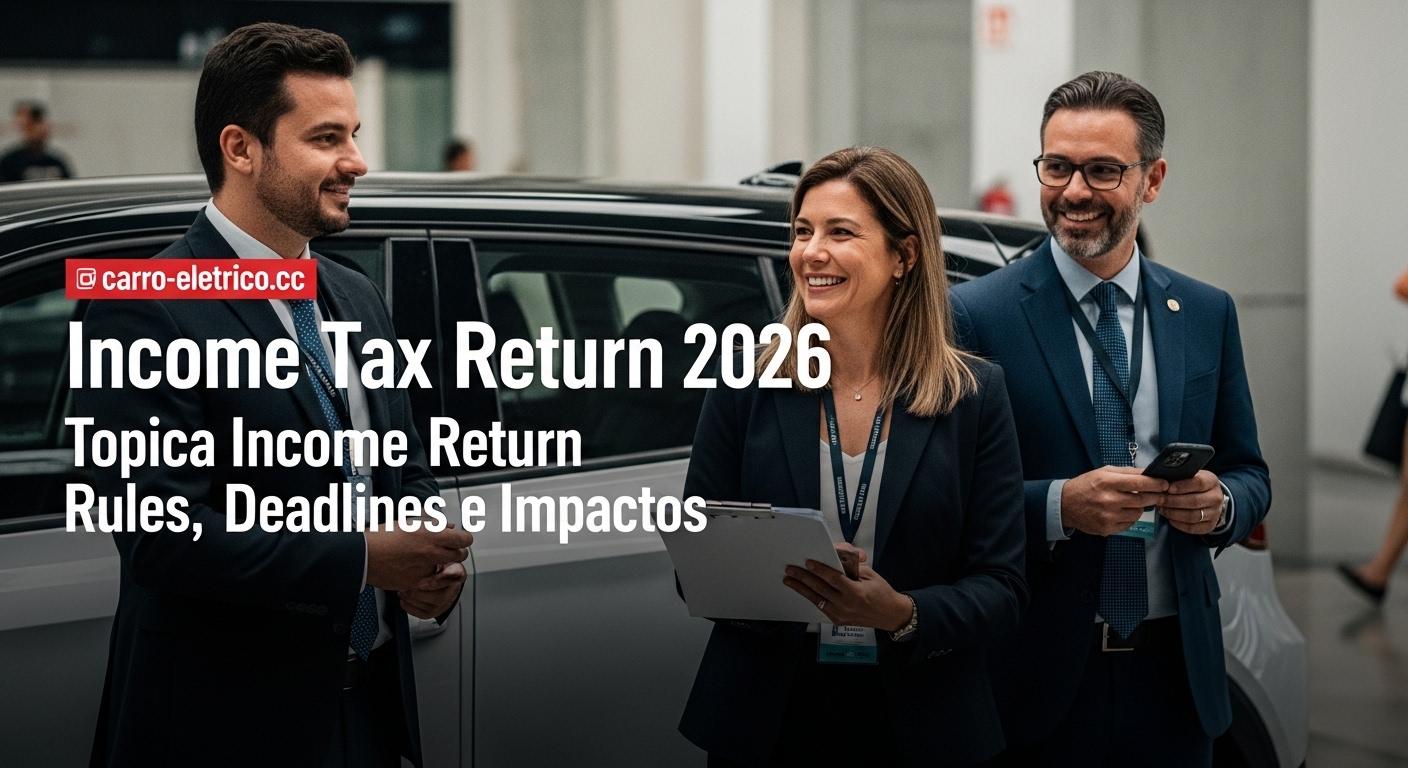 Carro elétrico sendo carregado com papéis fiscais e calculadora ao lado